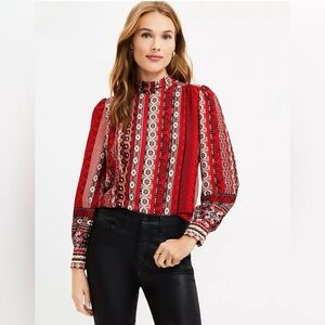 LOFT Red Patterned Tie Back Blouse